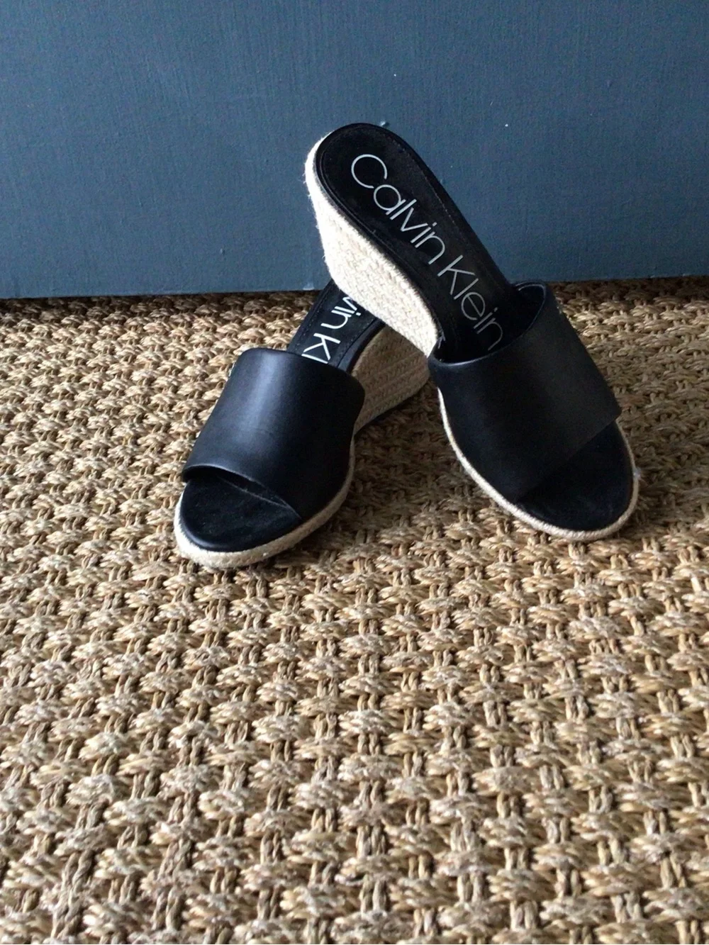 Calvin Klein Bandera Black Vegan Leather Espadrille Wedge Slides